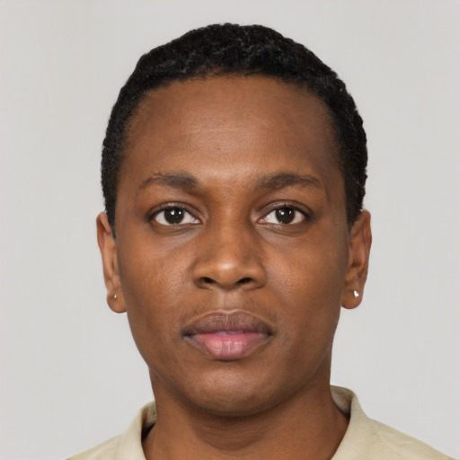 Neutral black young-adult male with short  black hair and brown eyes