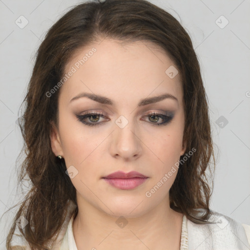 Neutral white young-adult female with medium  brown hair and brown eyes