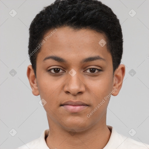 Neutral latino young-adult male with short  black hair and brown eyes