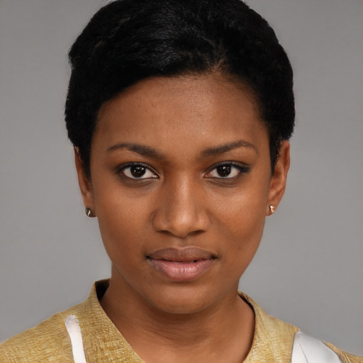 Joyful black young-adult female with short  black hair and brown eyes