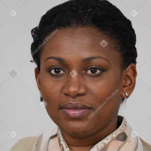 Neutral black young-adult female with short  brown hair and brown eyes