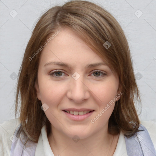 Joyful white young-adult female with medium  brown hair and blue eyes