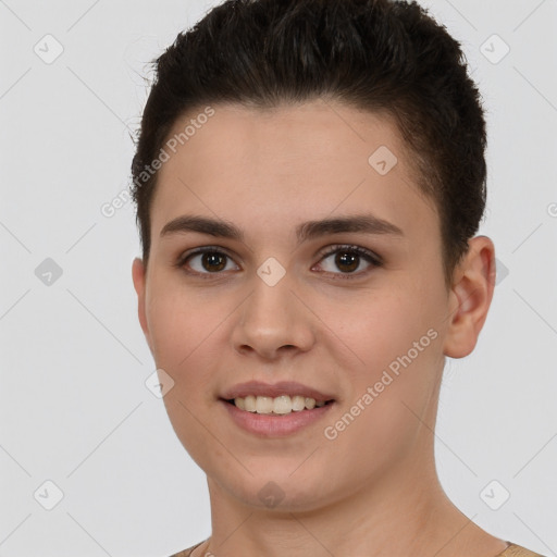 Joyful white young-adult female with short  brown hair and brown eyes