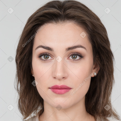 Neutral white young-adult female with medium  brown hair and brown eyes