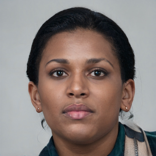Neutral black young-adult female with short  black hair and brown eyes