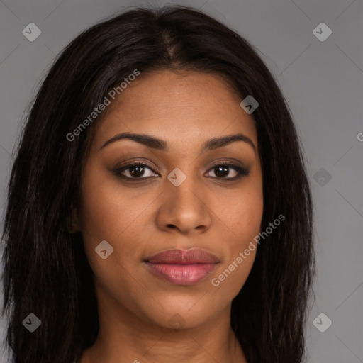 Joyful latino young-adult female with long  brown hair and brown eyes