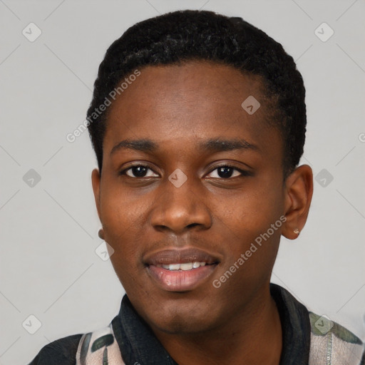 Joyful black young-adult male with short  black hair and brown eyes