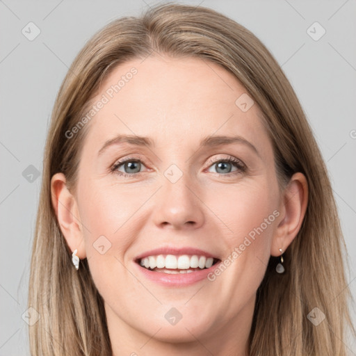 Joyful white young-adult female with long  brown hair and grey eyes