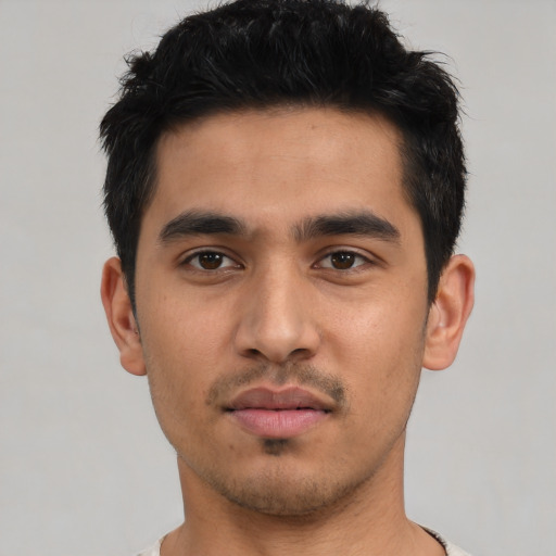 Neutral asian young-adult male with short  black hair and brown eyes