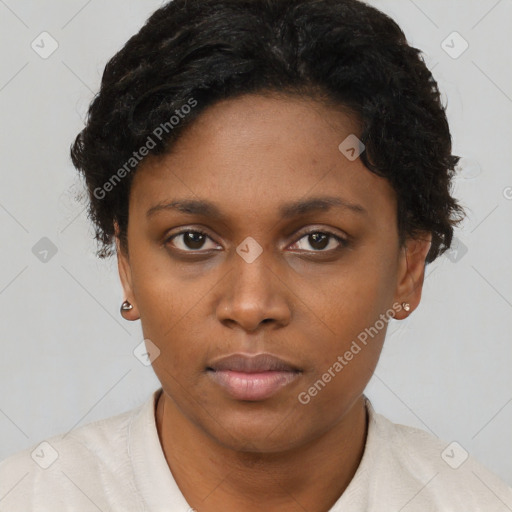 Neutral black young-adult female with short  black hair and brown eyes