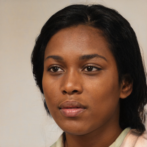 Neutral black young-adult female with medium  black hair and brown eyes
