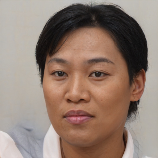 Joyful asian adult female with medium  brown hair and brown eyes