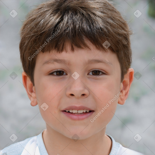 Joyful white child male with short  brown hair and brown eyes