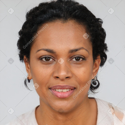 Joyful black young-adult female with medium  brown hair and brown eyes