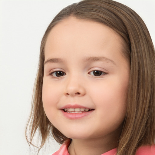 Joyful white child female with medium  brown hair and brown eyes