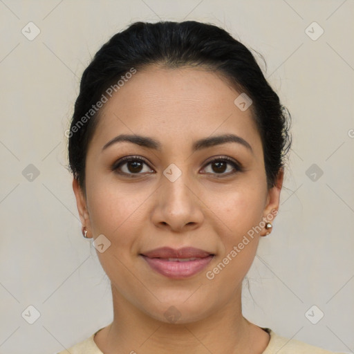 Joyful latino young-adult female with medium  brown hair and brown eyes