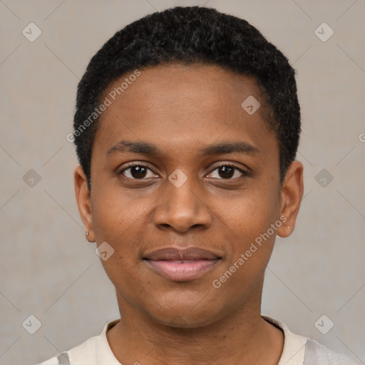 Joyful black young-adult male with short  black hair and brown eyes