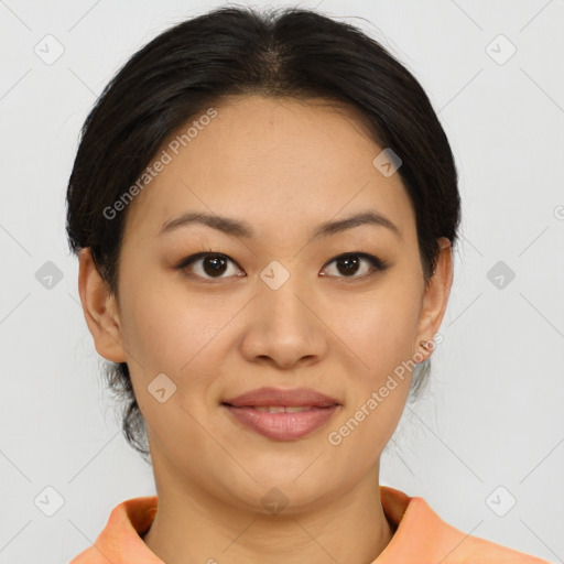 Joyful asian young-adult female with medium  brown hair and brown eyes