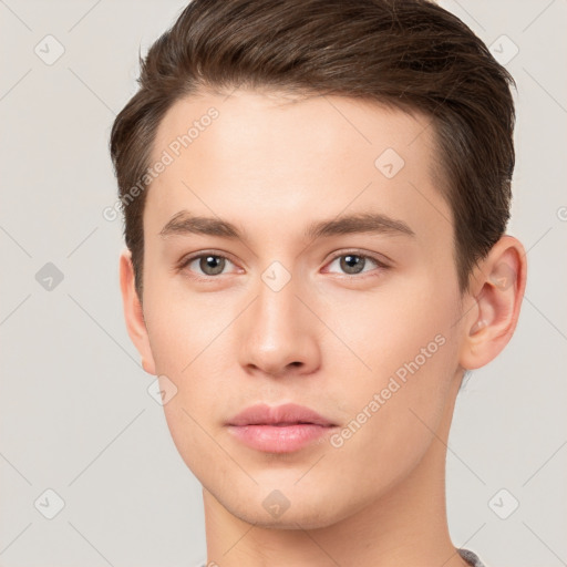 Neutral white young-adult male with short  brown hair and brown eyes