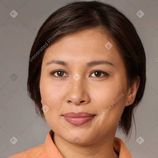 Joyful white young-adult female with medium  brown hair and brown eyes