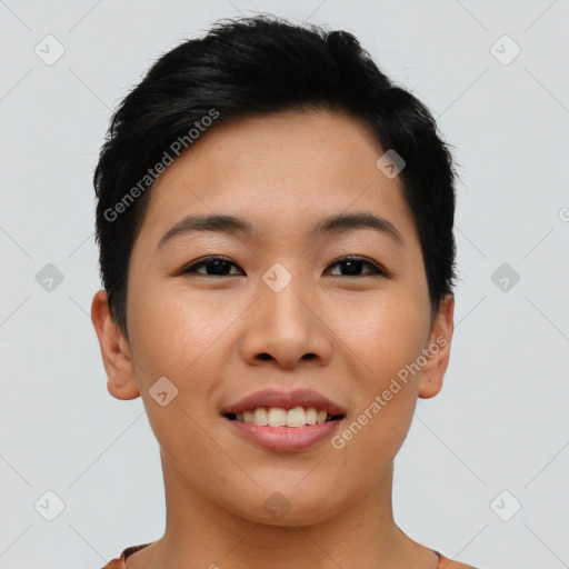 Joyful asian young-adult female with short  black hair and brown eyes