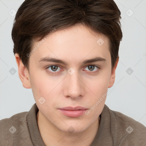 Neutral white young-adult female with short  brown hair and brown eyes