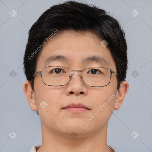 Neutral asian young-adult male with short  brown hair and brown eyes