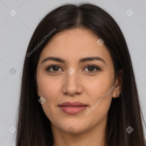 Joyful latino young-adult female with long  brown hair and brown eyes