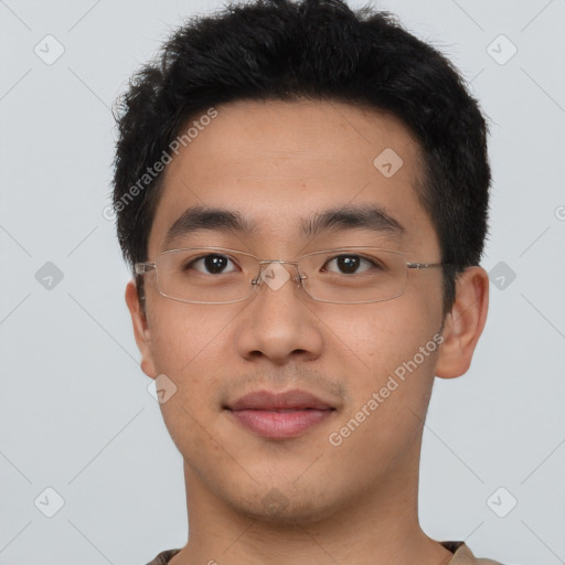 Neutral asian young-adult male with short  brown hair and brown eyes