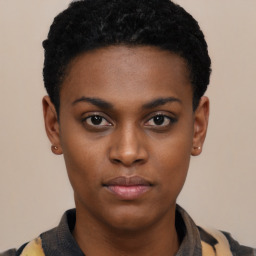 Neutral black young-adult female with short  black hair and brown eyes