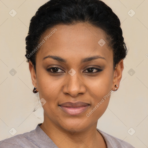 Joyful latino young-adult female with short  black hair and brown eyes