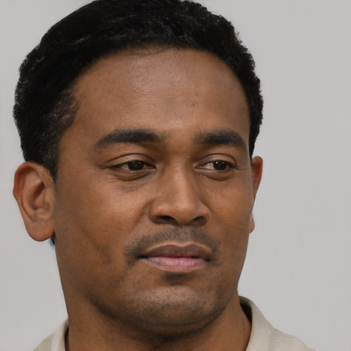 Neutral black young-adult male with short  brown hair and brown eyes