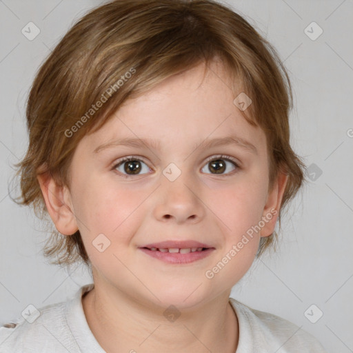 Joyful white child female with medium  brown hair and brown eyes