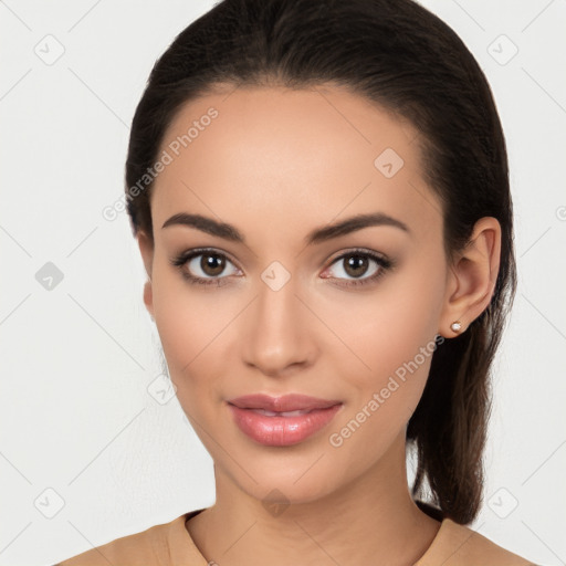 Joyful white young-adult female with medium  black hair and brown eyes