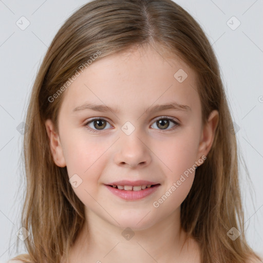 Joyful white child female with medium  brown hair and brown eyes