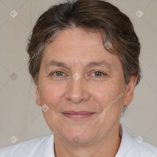 Joyful white adult female with short  brown hair and brown eyes