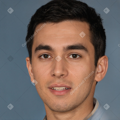 Neutral white young-adult male with short  black hair and brown eyes