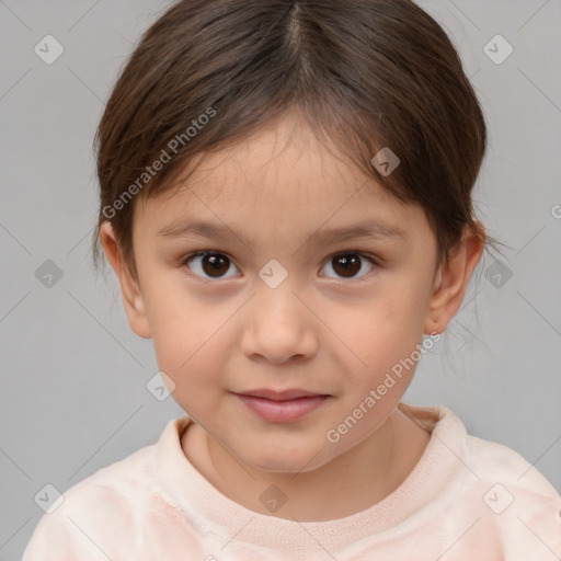 Joyful white child female with medium  brown hair and brown eyes