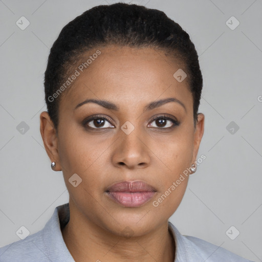 Joyful black young-adult female with short  brown hair and brown eyes