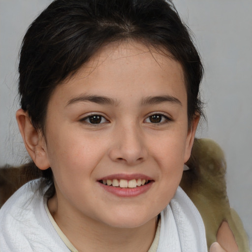 Joyful white child female with medium  brown hair and brown eyes