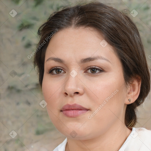 Neutral white young-adult female with medium  brown hair and brown eyes