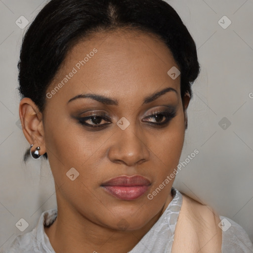 Joyful latino young-adult female with short  brown hair and brown eyes