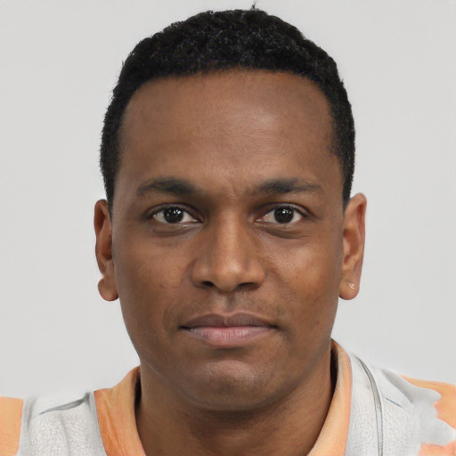 Neutral black young-adult male with short  black hair and brown eyes
