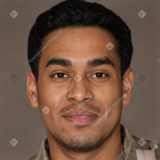 Joyful latino young-adult male with short  black hair and brown eyes