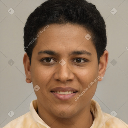 Joyful latino young-adult female with short  brown hair and brown eyes