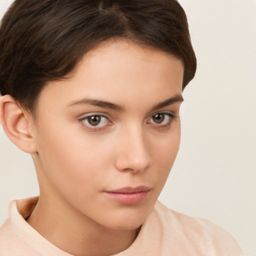 Neutral white young-adult female with short  brown hair and brown eyes