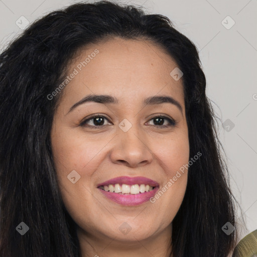 Joyful latino young-adult female with long  brown hair and brown eyes