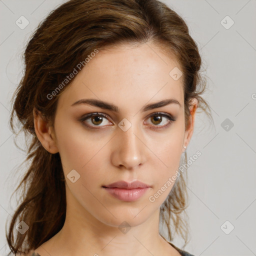 Neutral white young-adult female with long  brown hair and brown eyes