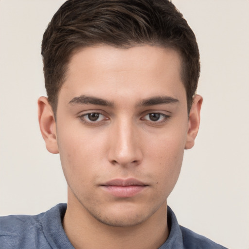 Neutral white young-adult male with short  brown hair and brown eyes