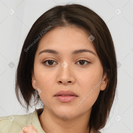 Neutral white young-adult female with medium  brown hair and brown eyes